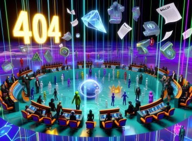 Futuristischer, digitaler Plenarsaal mit Avataren und VR-Headsets, Hologrammen von Gesetzen, leuchtender '404' und zersplitterten Wahlzetteln im Cyberspace.