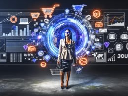 Geschäftsperson vor digitalem Dashboard mit komplexen Datenvisualisierungen in Neonblau und Orange, umgeben von Marketing-Icons wie Einkaufswagen und E-Mail-Symbolen.
