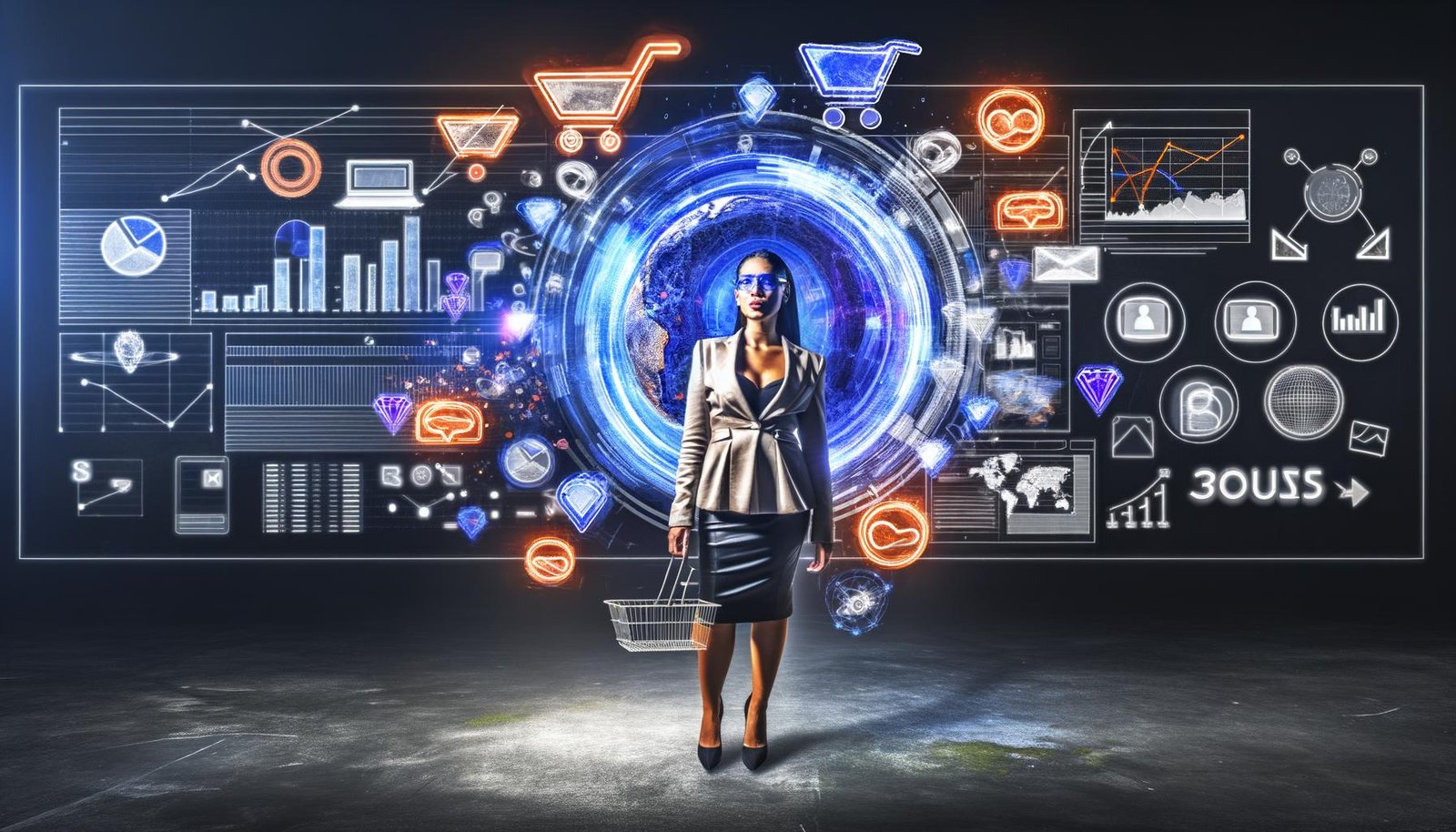 Geschäftsperson vor digitalem Dashboard mit komplexen Datenvisualisierungen in Neonblau und Orange, umgeben von Marketing-Icons wie Einkaufswagen und E-Mail-Symbolen.