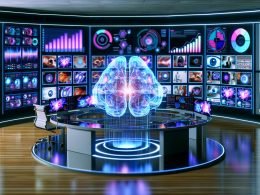 Futuristischer Arbeitsplatz eines Digital Marketers mit mehreren Monitoren, KI-Hologramm, leuchtenden Analytics-Charts und Social Media Elementen im Raum.