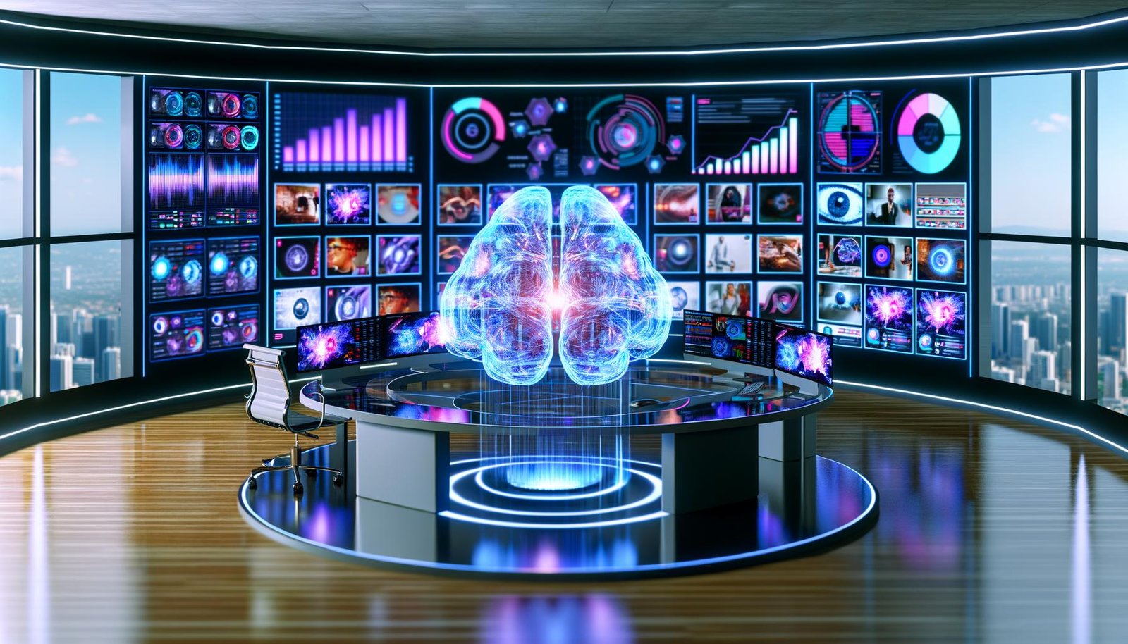 Futuristischer Arbeitsplatz eines Digital Marketers mit mehreren Monitoren, KI-Hologramm, leuchtenden Analytics-Charts und Social Media Elementen im Raum.