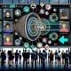 Stilisiertes Sales-Team steht um einen digitalen Bildschirm mit CRM-System, das detaillierte Kundenprofile und Datenströme aus Social Media und Datenbanken zeigt, im Hintergrund verblassen alte, ungepflegte Kontakte.