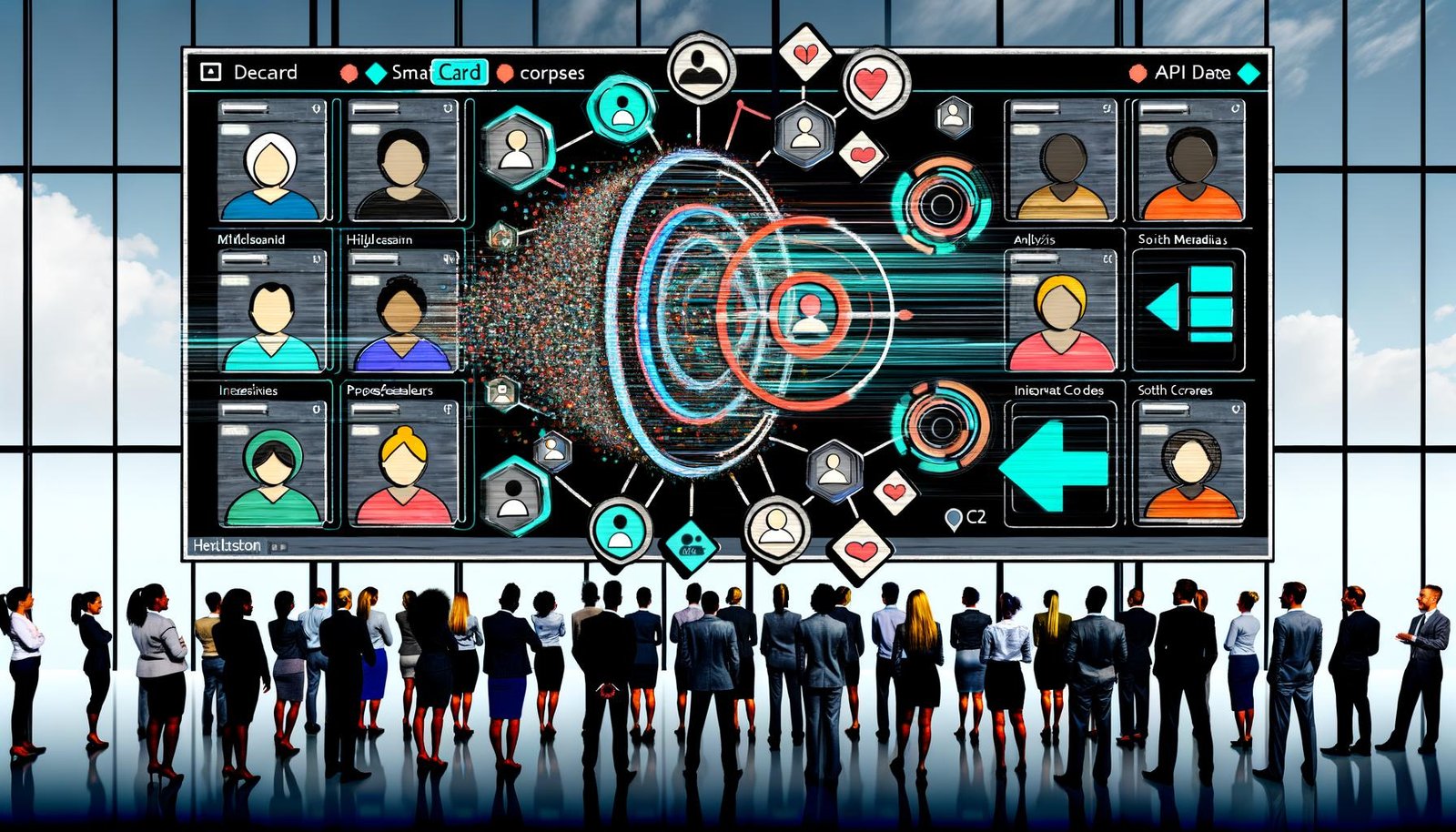 Stilisiertes Sales-Team steht um einen digitalen Bildschirm mit CRM-System, das detaillierte Kundenprofile und Datenströme aus Social Media und Datenbanken zeigt, im Hintergrund verblassen alte, ungepflegte Kontakte.