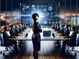 Eine entschlossene asiatische Geschäftsfrau präsentiert in einem nächtlichen, modernen Konferenzraum SEO-Daten auf einem digitalen Display vor einer Gruppe von digitalen Marktführern. Im Vordergrund ein Laptop mit 404 Magazine Sticker.