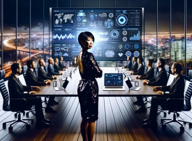 Eine entschlossene asiatische Geschäftsfrau präsentiert in einem nächtlichen, modernen Konferenzraum SEO-Daten auf einem digitalen Display vor einer Gruppe von digitalen Marktführern. Im Vordergrund ein Laptop mit 404 Magazine Sticker.