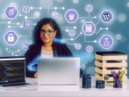 Moderner Arbeitsplatz mit offenem WordPress-Dashboard, umgeben von Toolchain-Icons wie Git, Docker, Backup, WP-CLI und Composer. Hintergrunddiagramme zeigen den Workflow vom lokalen Entwicklungsstart bis zur sicheren Bereitstellung.