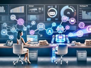 Roboter und menschliche PR-Expertin in einem digitalen Büro mit Hologrammen und modernen PR-Tools, während alte Technologien im Hintergrund verstauben.