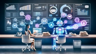 Roboter und menschliche PR-Expertin in einem digitalen Büro mit Hologrammen und modernen PR-Tools, während alte Technologien im Hintergrund verstauben.