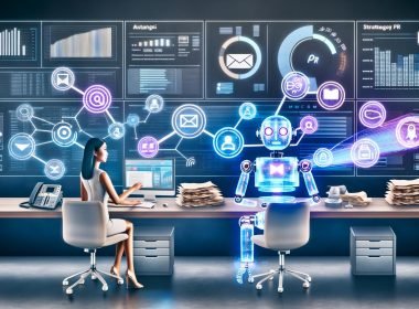 Roboter und menschliche PR-Expertin in einem digitalen Büro mit Hologrammen und modernen PR-Tools, während alte Technologien im Hintergrund verstauben.
