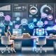 Roboter und menschliche PR-Expertin in einem digitalen Büro mit Hologrammen und modernen PR-Tools, während alte Technologien im Hintergrund verstauben.