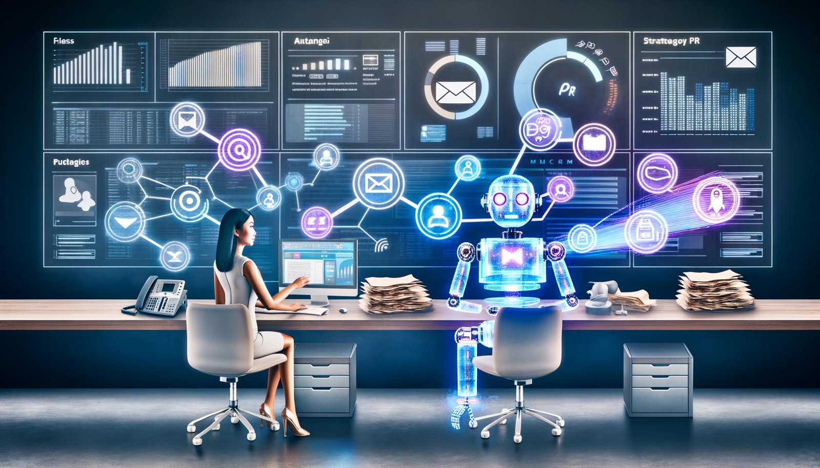 Roboter und menschliche PR-Expertin in einem digitalen Büro mit Hologrammen und modernen PR-Tools, während alte Technologien im Hintergrund verstauben.
