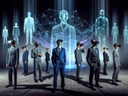 Politiker im Halbschatten mit VR-Brillen, digitale Hologramme und Netzdiagramme, Avatare von Meta, Apple und Microsoft im Hintergrund, kritische futuristische Szene.