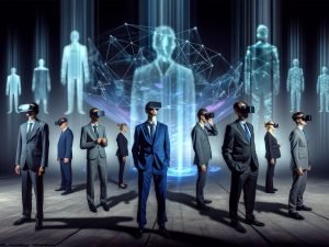 Politiker im Halbschatten mit VR-Brillen, digitale Hologramme und Netzdiagramme, Avatare von Meta, Apple und Microsoft im Hintergrund, kritische futuristische Szene.