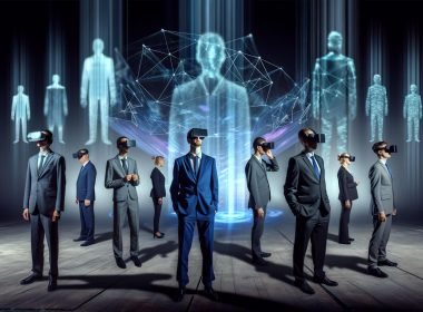 Politiker im Halbschatten mit VR-Brillen, digitale Hologramme und Netzdiagramme, Avatare von Meta, Apple und Microsoft im Hintergrund, kritische futuristische Szene.