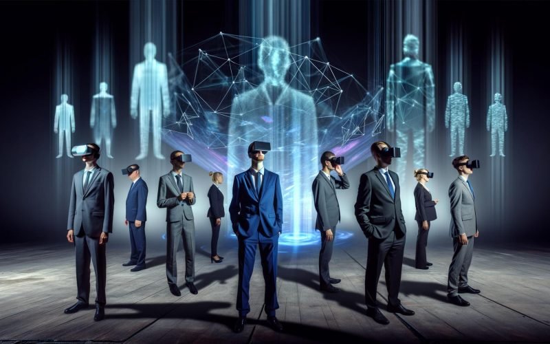 Politiker im Halbschatten mit VR-Brillen, digitale Hologramme und Netzdiagramme, Avatare von Meta, Apple und Microsoft im Hintergrund, kritische futuristische Szene.