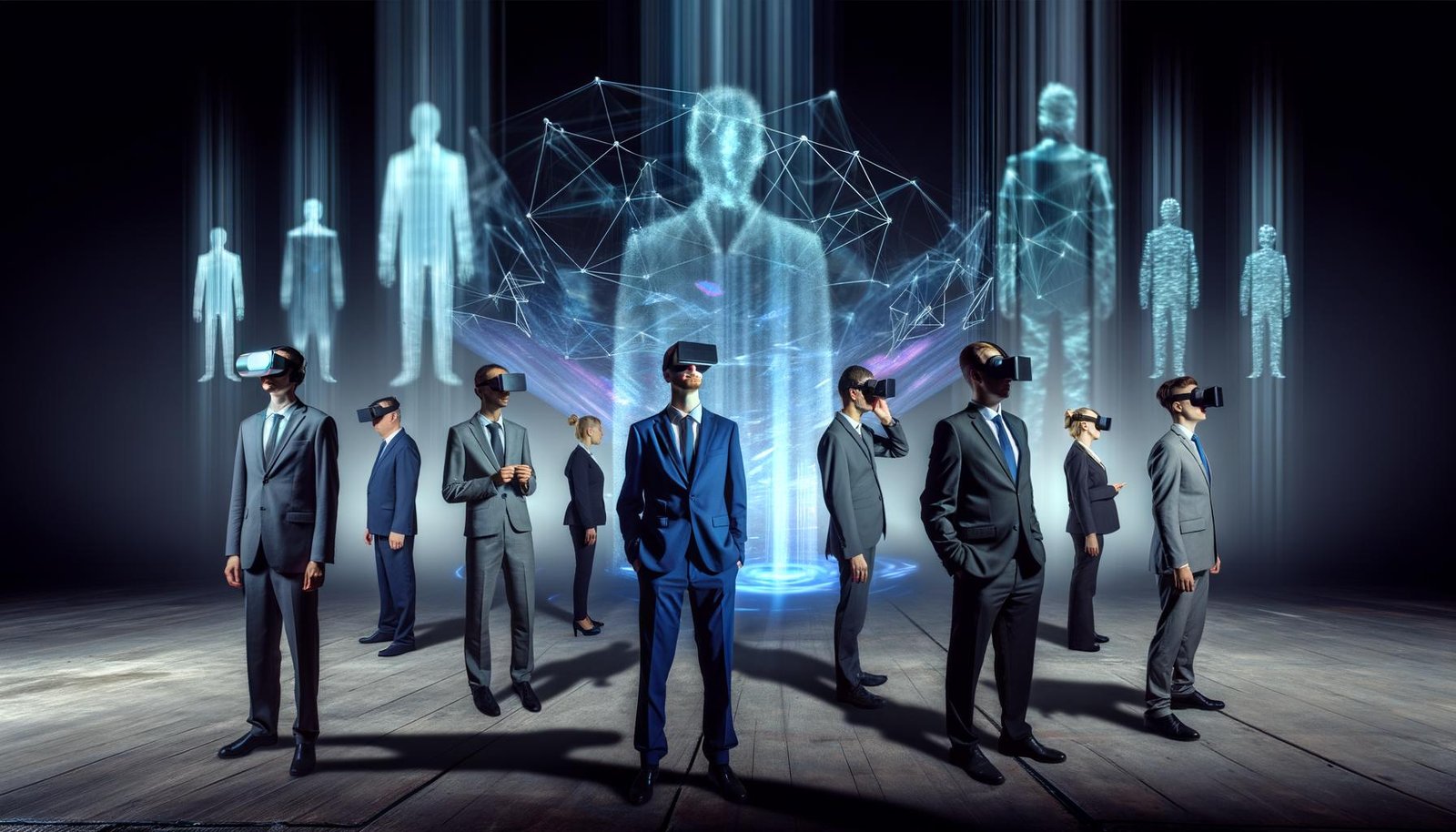 Politiker im Halbschatten mit VR-Brillen, digitale Hologramme und Netzdiagramme, Avatare von Meta, Apple und Microsoft im Hintergrund, kritische futuristische Szene.