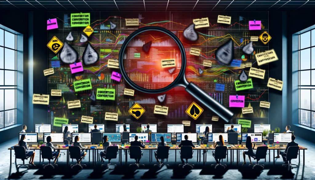 Digitales Marketingbüro voller Datenchaos mit frustrierten Marketers, fehlenden Conversion-Puzzleteilen und Schatten von Adblockern und Datenschutzsymbolen im Hintergrund