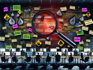 Digitales Marketingbüro voller Datenchaos mit frustrierten Marketers, fehlenden Conversion-Puzzleteilen und Schatten von Adblockern und Datenschutzsymbolen im Hintergrund