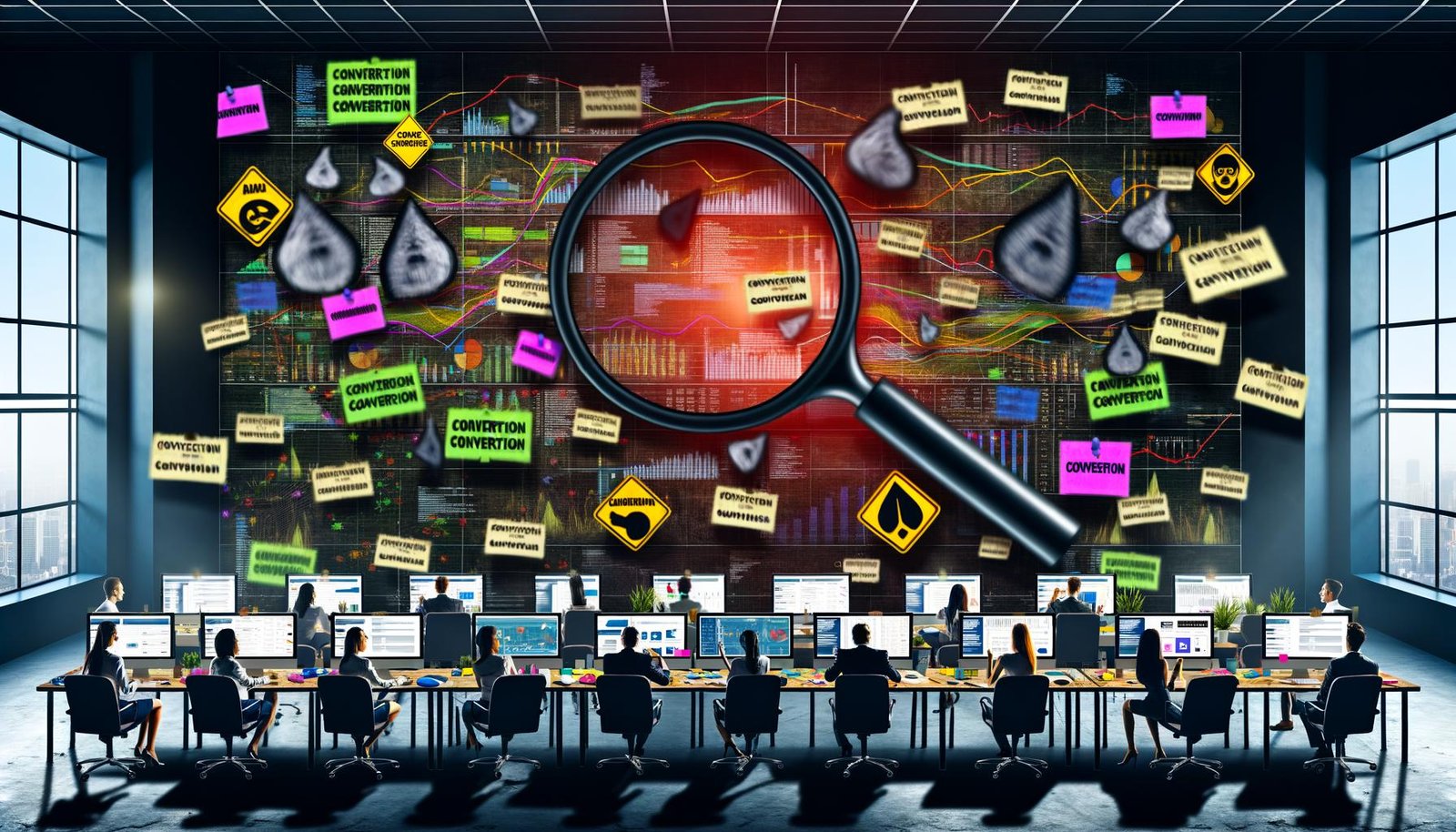 Digitales Marketingbüro voller Datenchaos mit frustrierten Marketers, fehlenden Conversion-Puzzleteilen und Schatten von Adblockern und Datenschutzsymbolen im Hintergrund