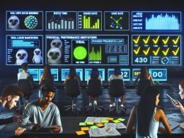 Junge Marketer analysieren in einem modernen Social-Media-Labor an großen Bildschirmen virale Reels-Memes, Performance-Dashboards und SEO-Faktoren. Im Vordergrund liegt eine abgehakte Checkliste.