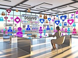 Genderneutraler Marketer an einem Schreibtisch mit DSGVO-Dokumenten, Datenvisualisierungen, Datenschutzsymbolen und ethischen Einwilligungsdialogen in einem hellen modernen Büro.