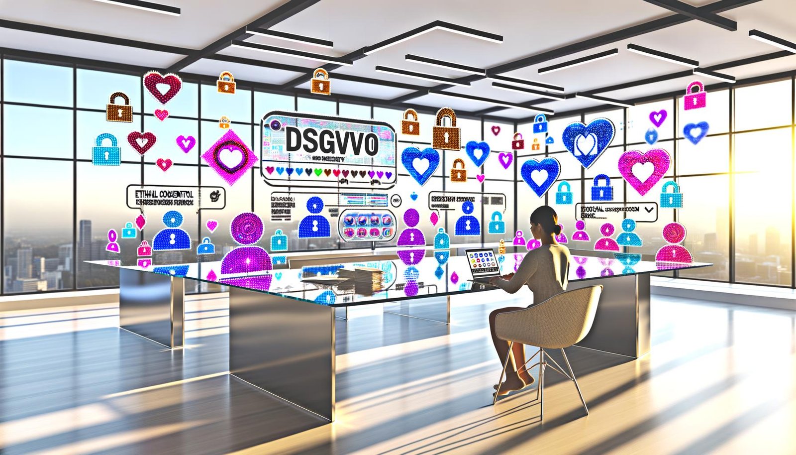 Genderneutraler Marketer an einem Schreibtisch mit DSGVO-Dokumenten, Datenvisualisierungen, Datenschutzsymbolen und ethischen Einwilligungsdialogen in einem hellen modernen Büro.
