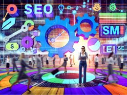 Futuristischer Kampfring mit Marketer:innen, digitalen Anzeigen, SEO-Diagrammen und schwebenden Icons für SEO, SEA und SEM in dynamischer Farbwelt.