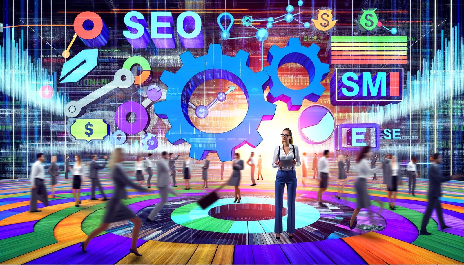 Futuristischer Kampfring mit Marketer:innen, digitalen Anzeigen, SEO-Diagrammen und schwebenden Icons für SEO, SEA und SEM in dynamischer Farbwelt.