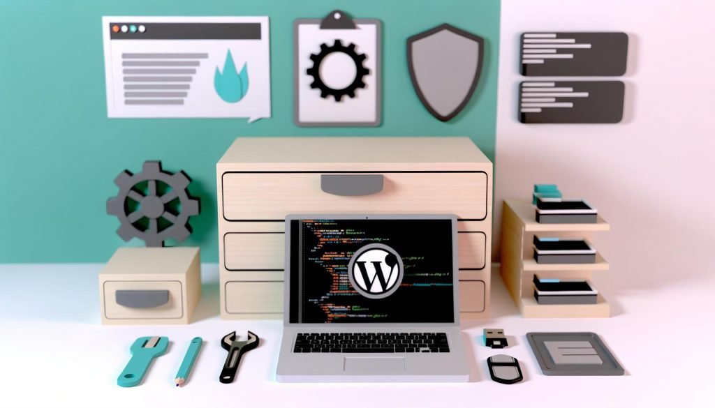 Minimalistisch gestalteter Maschinenraum mit Laptop, WordPress-Icons, Code, Git, Composer, WP-CLI und Webentwicklungswerkzeugen im Fokus.