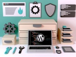 Minimalistisch gestalteter Maschinenraum mit Laptop, WordPress-Icons, Code, Git, Composer, WP-CLI und Webentwicklungswerkzeugen im Fokus.