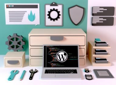 Minimalistisch gestalteter Maschinenraum mit Laptop, WordPress-Icons, Code, Git, Composer, WP-CLI und Webentwicklungswerkzeugen im Fokus.