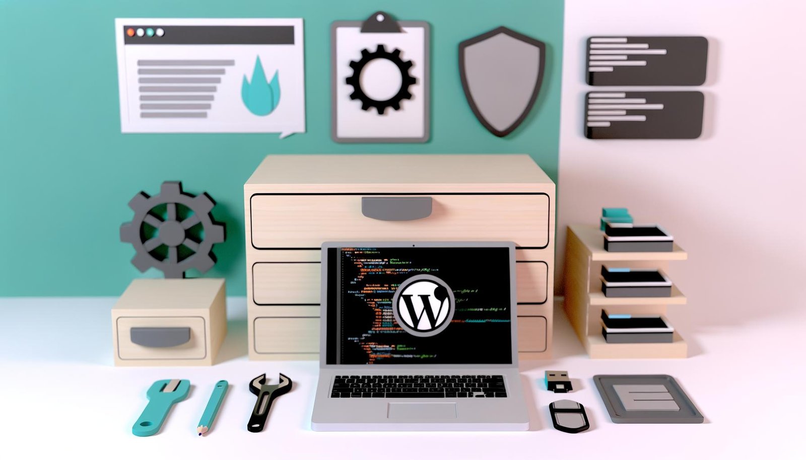 Minimalistisch gestalteter Maschinenraum mit Laptop, WordPress-Icons, Code, Git, Composer, WP-CLI und Webentwicklungswerkzeugen im Fokus.