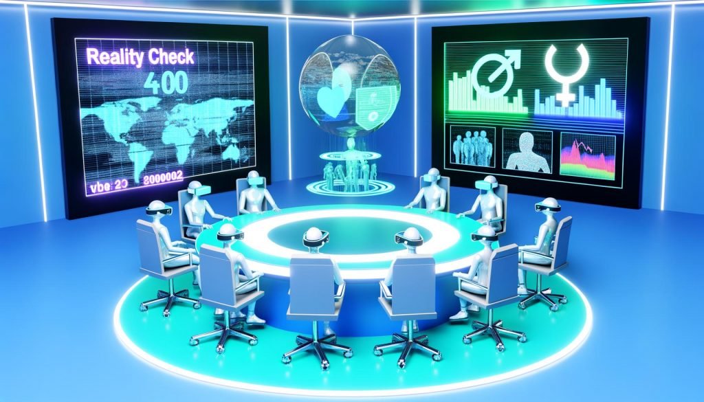 Futuristischer Sitzungssaal mit Politikern als VR-Avatare um einen leuchtenden Rundtisch, umgeben von Hologrammen und einem Monitor mit den Worten ‚Realitätscheck‘ und ‚404‘.