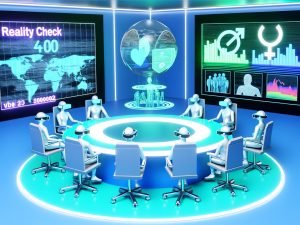 Futuristischer Sitzungssaal mit Politikern als VR-Avatare um einen leuchtenden Rundtisch, umgeben von Hologrammen und einem Monitor mit den Worten ‚Realitätscheck‘ und ‚404‘.