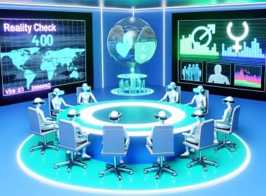 Futuristischer Sitzungssaal mit Politikern als VR-Avatare um einen leuchtenden Rundtisch, umgeben von Hologrammen und einem Monitor mit den Worten ‚Realitätscheck‘ und ‚404‘.