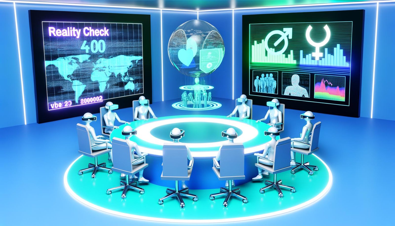 Futuristischer Sitzungssaal mit Politikern als VR-Avatare um einen leuchtenden Rundtisch, umgeben von Hologrammen und einem Monitor mit den Worten ‚Realitätscheck‘ und ‚404‘.