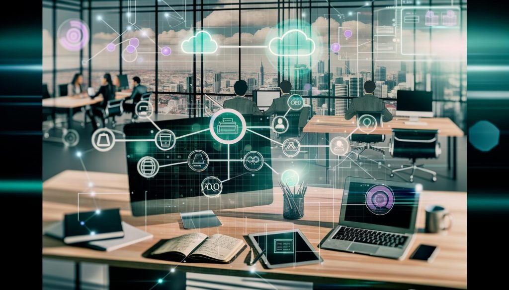 Aufgeräumter Schreibtisch in einem Großraumbüro mit Laptop, Tablet, Smartphone und Cloud-Diagrammen, umgeben von dynamischen Datenströmen und teamorientierten Workspace-Szenen.