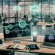 Aufgeräumter Schreibtisch in einem Großraumbüro mit Laptop, Tablet, Smartphone und Cloud-Diagrammen, umgeben von dynamischen Datenströmen und teamorientierten Workspace-Szenen.
