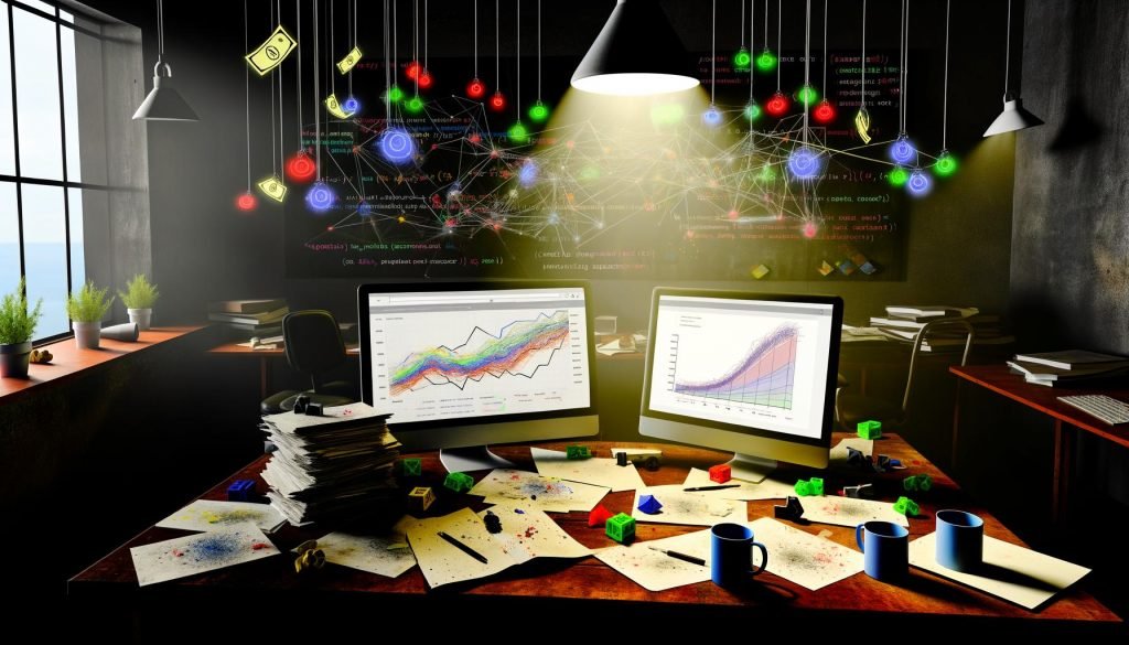 Digitale Illustration eines unordentlichen Marketer-Arbeitsplatzes mit Notizblöcken, Kaffeetassen, chaotischem Bildschirm voller Pseudomesswerte und einem klaren Conversion-Funnel mit hervorgehobenen Analyse-Tags.