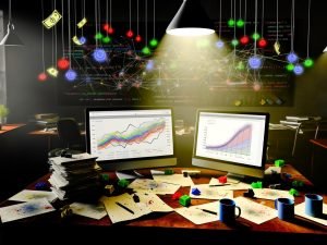 Digitale Illustration eines unordentlichen Marketer-Arbeitsplatzes mit Notizblöcken, Kaffeetassen, chaotischem Bildschirm voller Pseudomesswerte und einem klaren Conversion-Funnel mit hervorgehobenen Analyse-Tags.