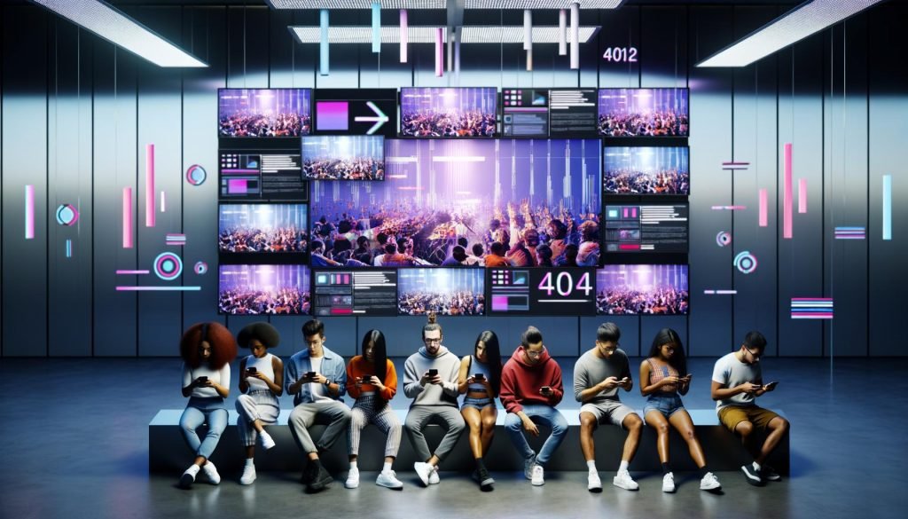 Diverses Team junger Digital Creators in einem futuristischen Büro, umgeben von vertikalen Instagram Reels und TikTok Memes sowie schwebenden Analytics-Grafiken.