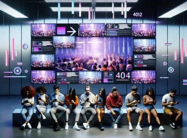 Diverses Team junger Digital Creators in einem futuristischen Büro, umgeben von vertikalen Instagram Reels und TikTok Memes sowie schwebenden Analytics-Grafiken.