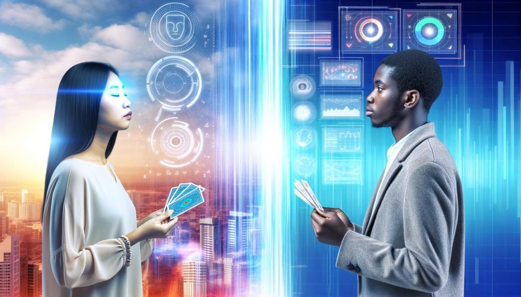 Zwei sich gegenüberstehende Personen – links eine mit geschlossenen Augen und Tarotkarten, rechts eine vor holographischen Dashboards – vor einem digitalen Stadtpanorama.