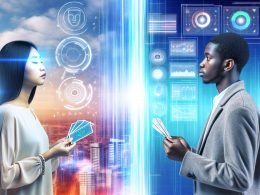 Zwei sich gegenüberstehende Personen – links eine mit geschlossenen Augen und Tarotkarten, rechts eine vor holographischen Dashboards – vor einem digitalen Stadtpanorama.