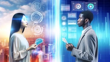Zwei sich gegenüberstehende Personen – links eine mit geschlossenen Augen und Tarotkarten, rechts eine vor holographischen Dashboards – vor einem digitalen Stadtpanorama.