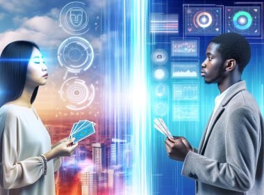 Zwei sich gegenüberstehende Personen – links eine mit geschlossenen Augen und Tarotkarten, rechts eine vor holographischen Dashboards – vor einem digitalen Stadtpanorama.