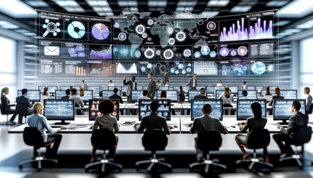 Dynamischer PR-Arbeitsplatz mit mehreren großen Bildschirmen, die Analysen und Medienkampagnen zeigen. Diverse Profis analysieren Strategiecharts und planen Multichannel-Verteilungen in einem modernen, technisch geprägten Raum.