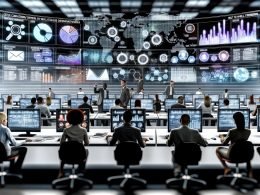 Dynamischer PR-Arbeitsplatz mit mehreren großen Bildschirmen, die Analysen und Medienkampagnen zeigen. Diverse Profis analysieren Strategiecharts und planen Multichannel-Verteilungen in einem modernen, technisch geprägten Raum.