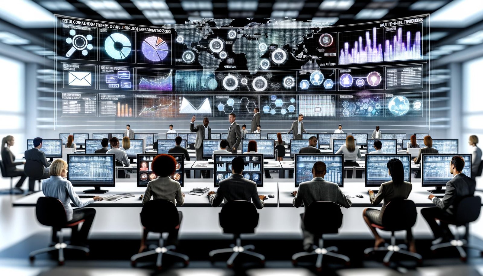 Dynamischer PR-Arbeitsplatz mit mehreren großen Bildschirmen, die Analysen und Medienkampagnen zeigen. Diverse Profis analysieren Strategiecharts und planen Multichannel-Verteilungen in einem modernen, technisch geprägten Raum.