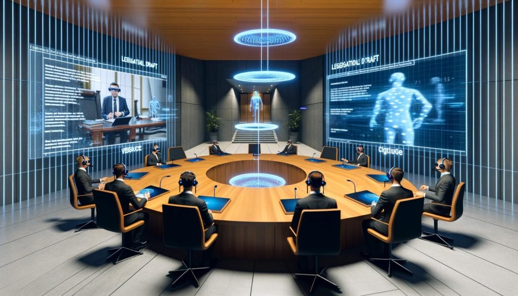 Futuristischer Sitzungssaal mit Avataren von Ministern, Headsets und holografischen Datenströmen an einem großen digitalen Tisch.